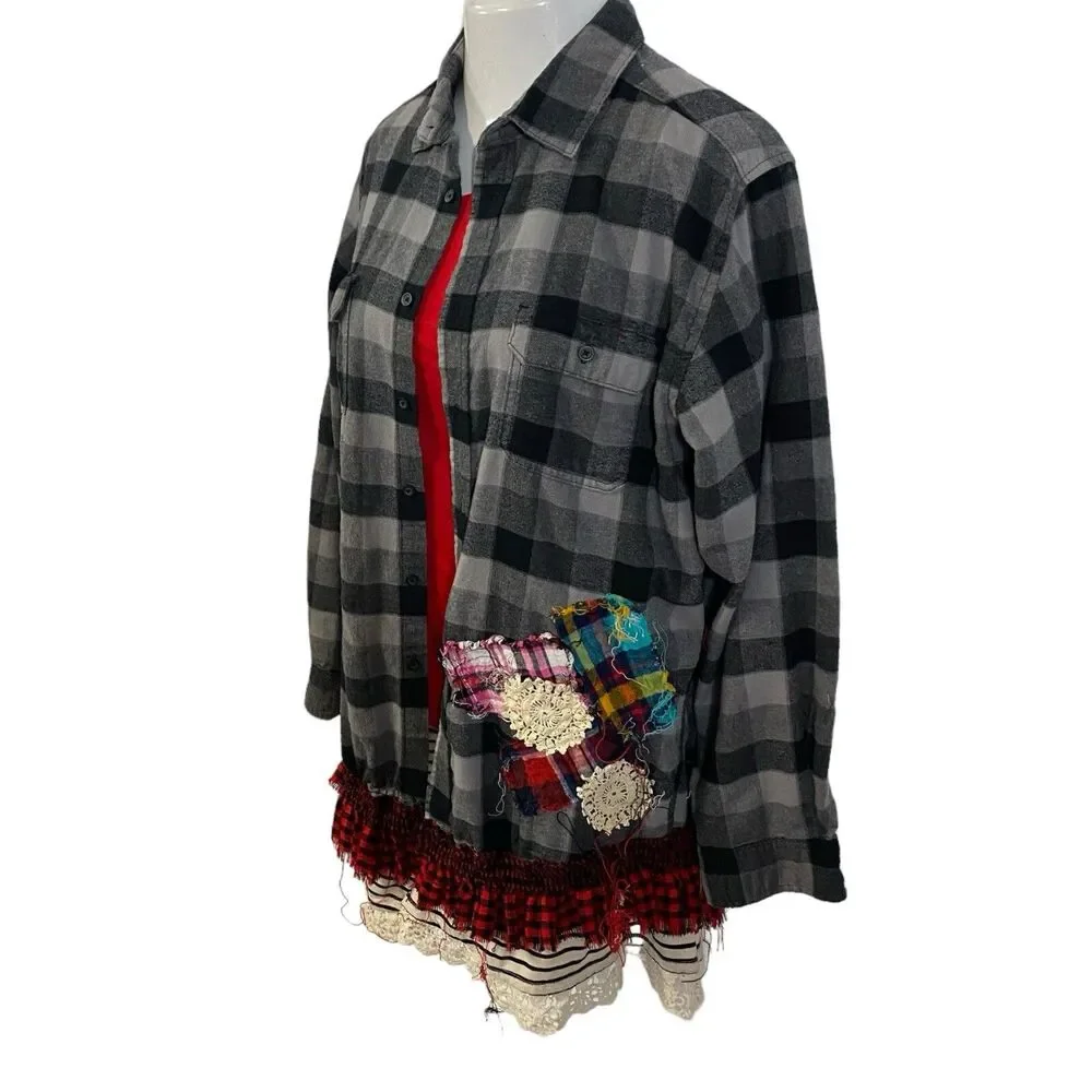 Flannel Shirt Women XL Shacket Flower Grunge Camp Rock Country Festival Upcycled - Picture 16 of 16